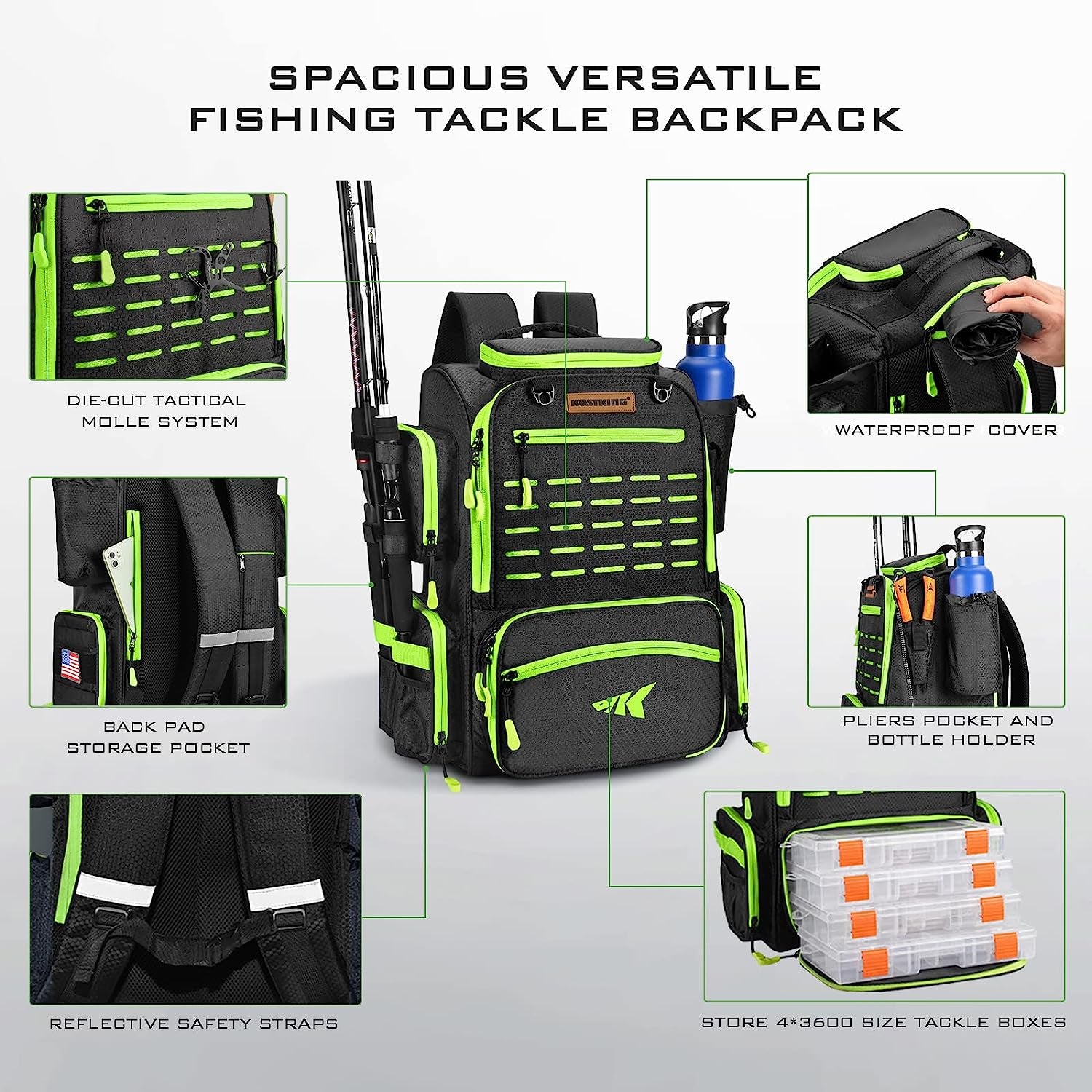 Kastking Waterproof Fishing Tackle Backpack with 20 Pockets and Rod Holders