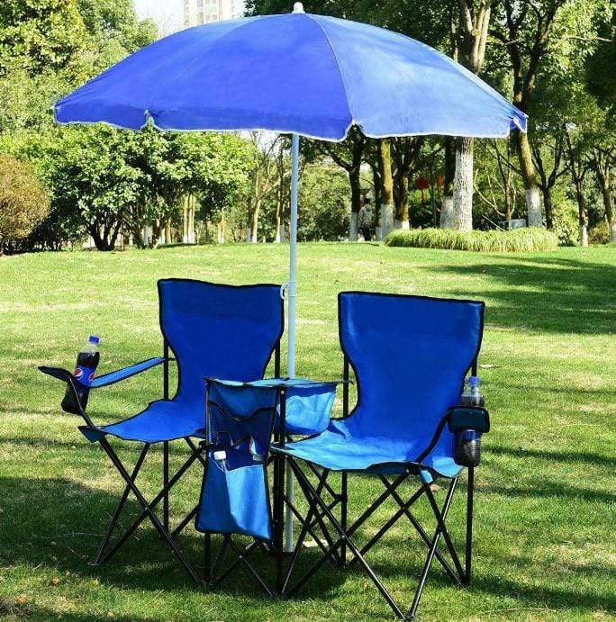 All-Weather Outdoor Folding Lounge Set with Chairs, Cooler, Table, and Umbrella