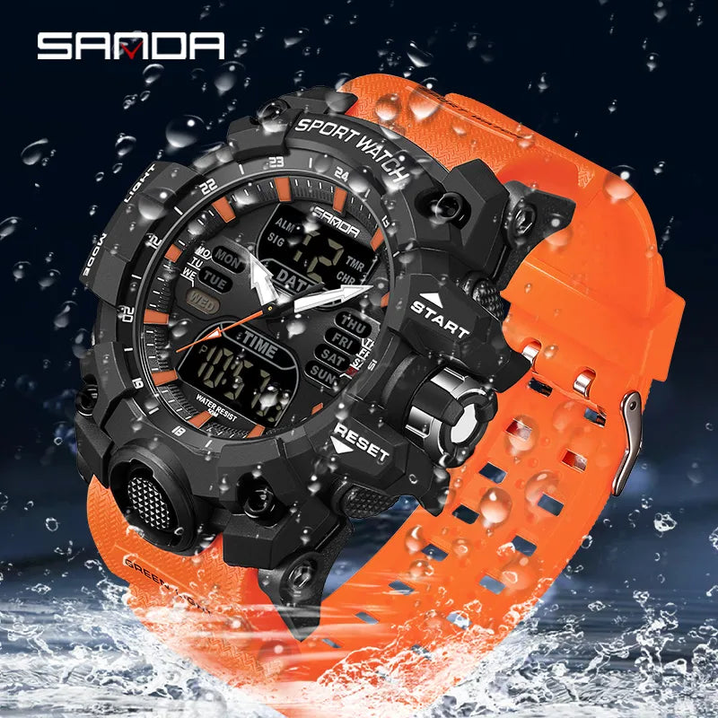 SANDA 6126 Dual Display Sports Watch, Waterproof Military-Style Stopwatch for Men