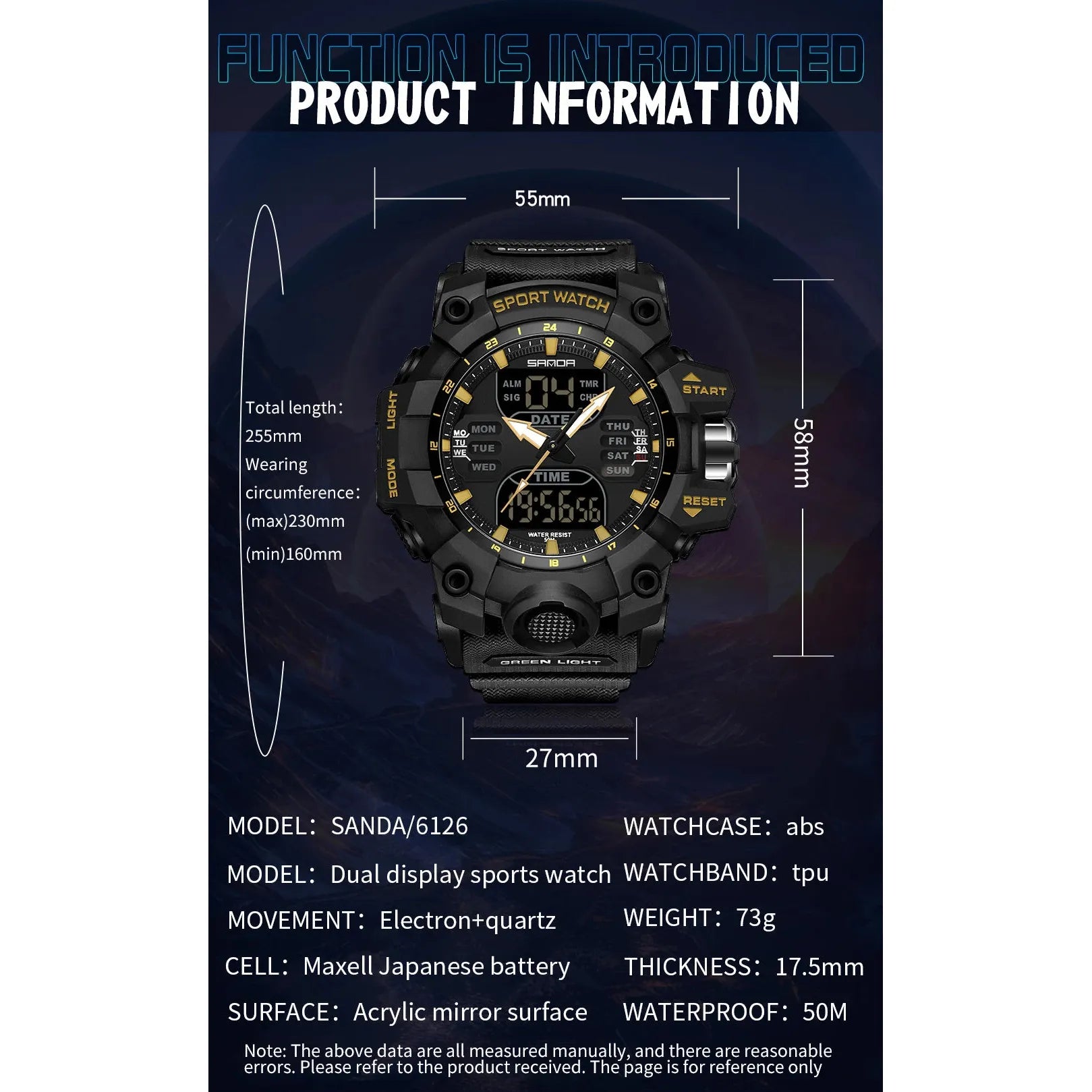 SANDA 6126 Dual Display Sports Watch, Waterproof Military-Style Stopwatch for Men