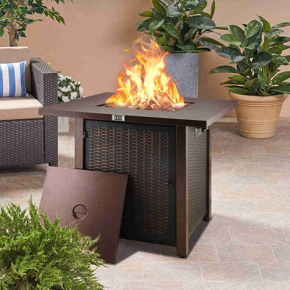 SEGMART 28-Inch 40,000 BTU Outdoor Propane Fire Pit Table with Lid and Lava Rocks, Bronze