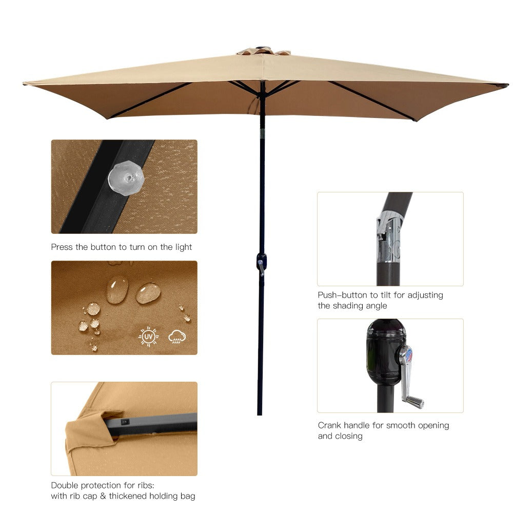 10 Ft x 6.5 Ft Rectangular Solar LED Patio Umbrella