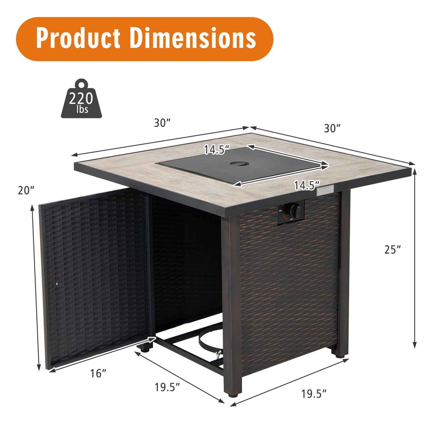 Tangkula 30 Inch Propane Gas Fire Pit Table, 50,000 BTU Square Fire Table for Outdoor Use