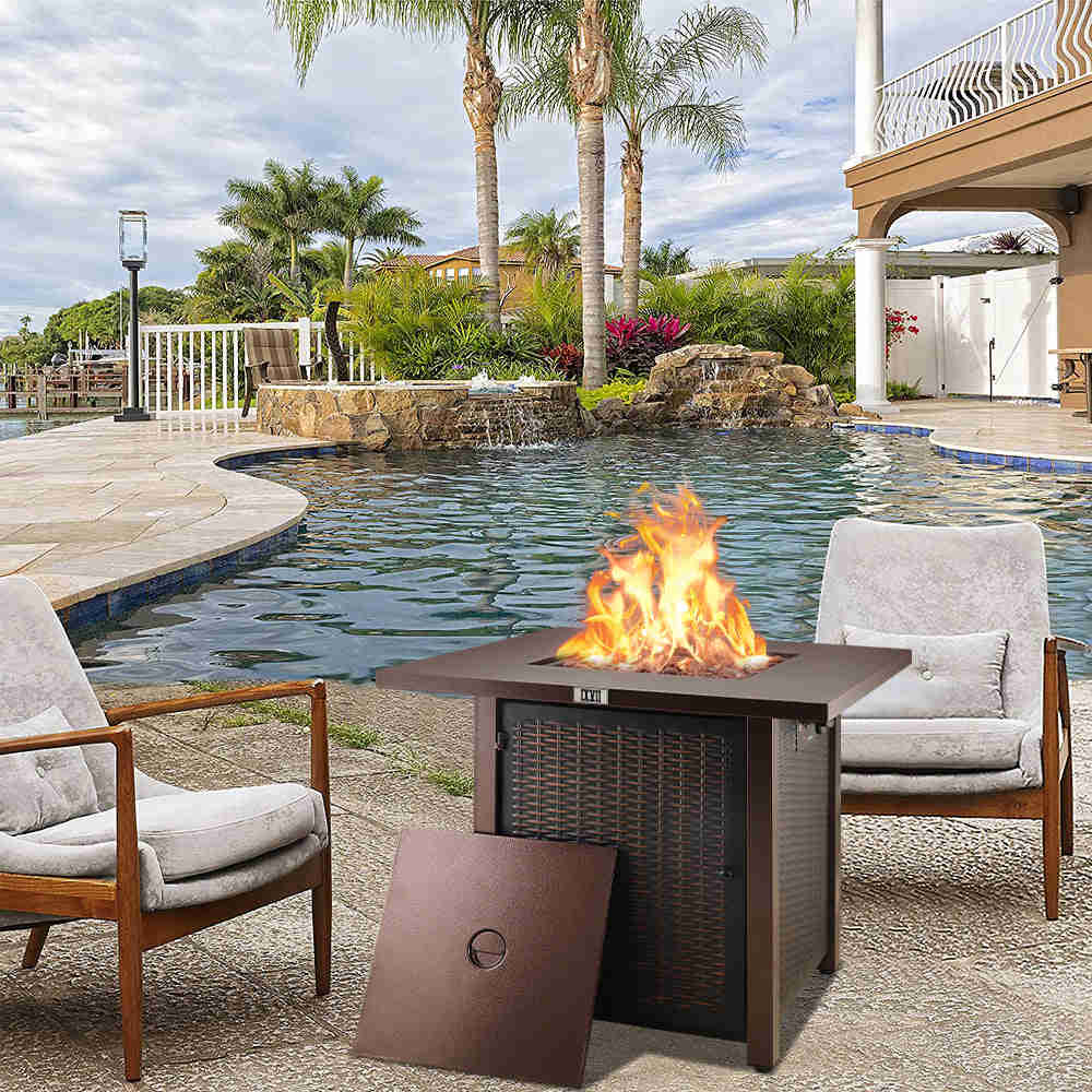 SEGMART 28-Inch 40,000 BTU Outdoor Propane Fire Pit Table with Lid and Lava Rocks, Bronze