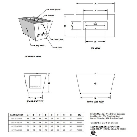 Outdoor Plus Plymouth Rectangle 24 Tall Wood Grain Fire Pit with 110V Plug & Play Electronic Ignition