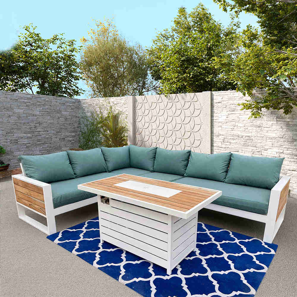 Denver 5-Piece Aluminium Outdoor Patio Fire Pit Seating Set With Acrylic Cushions