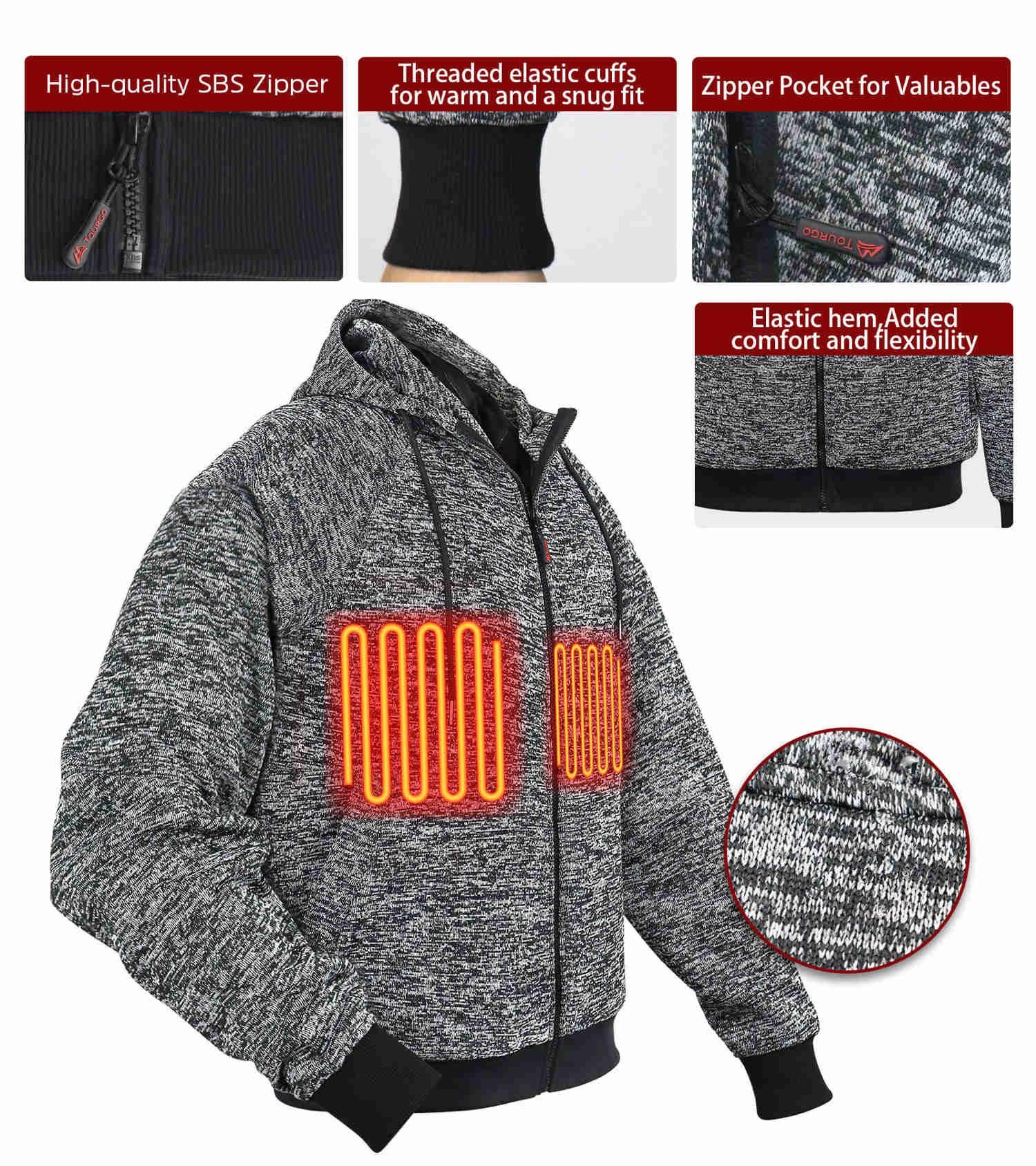 Tourgo Electric Heated Zip Up Hoodie with 16000mAh Battery - Unisex for Outdoor Activities