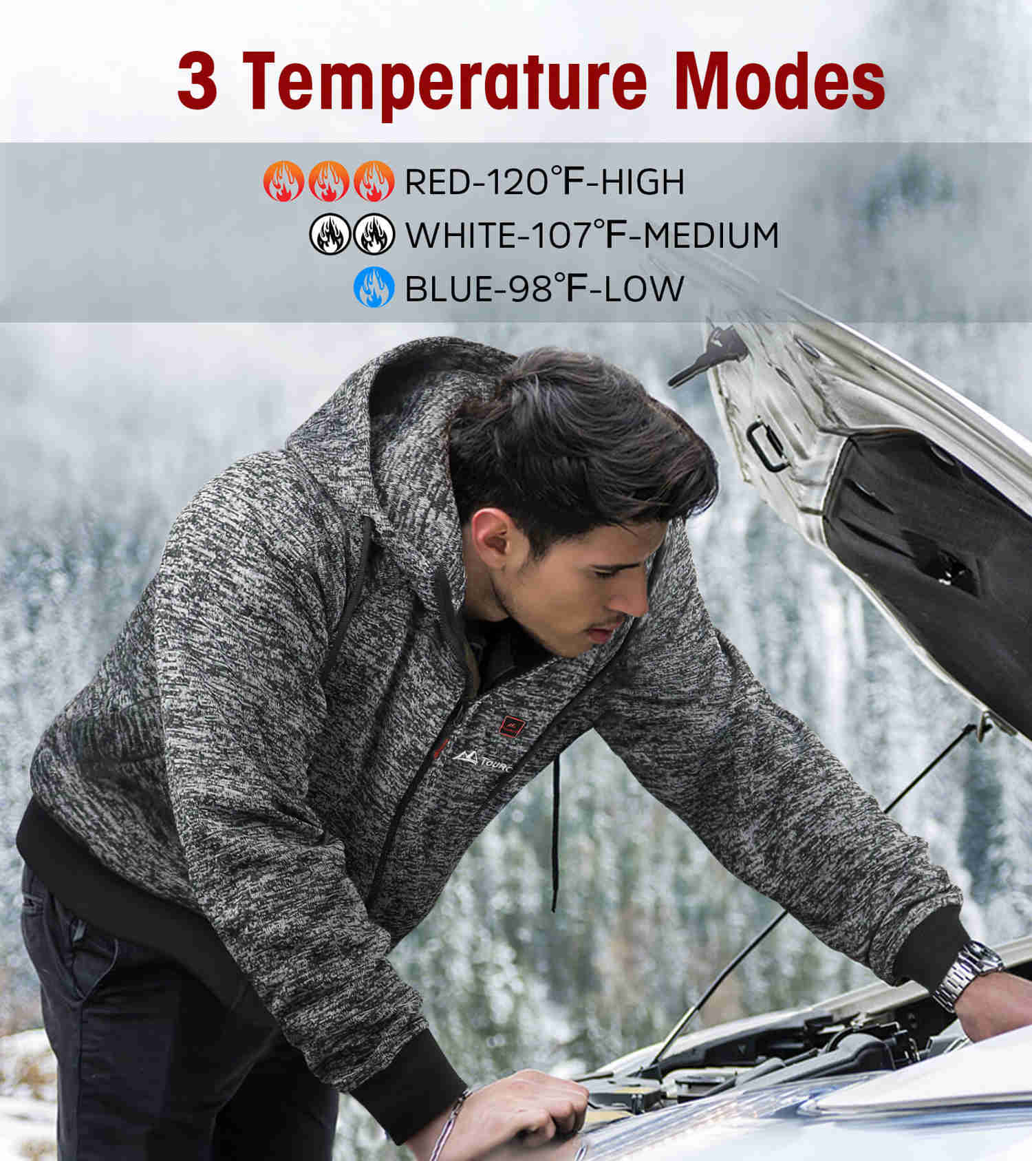 Tourgo Electric Heated Zip Up Hoodie with 16000mAh Battery - Unisex for Outdoor Activities