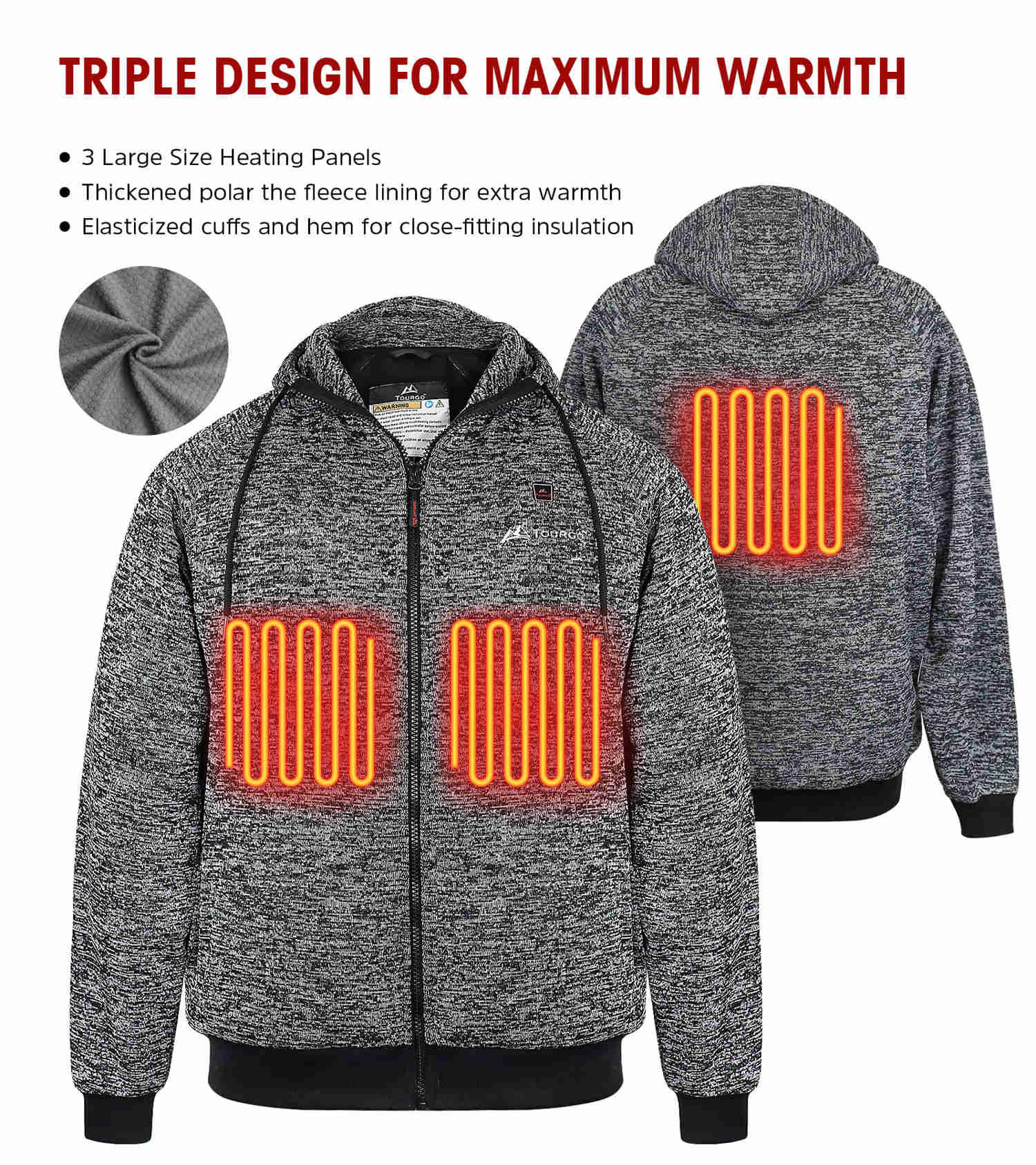 Tourgo Electric Heated Zip Up Hoodie with 16000mAh Battery - Unisex for Outdoor Activities