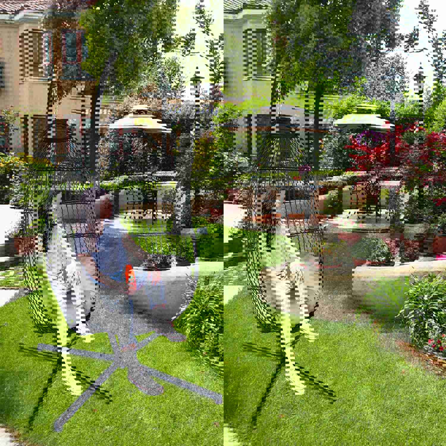 Large Folding Hanging Egg Chair with Stand for Outdoor Patio, Grey Cushion, 330LBS Capacity