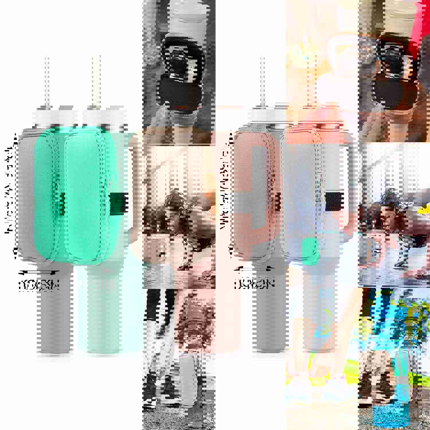 Canvas Water Bottle Bag with Zipper - Pink & Green, Small Square Vertical Fitness Accessory