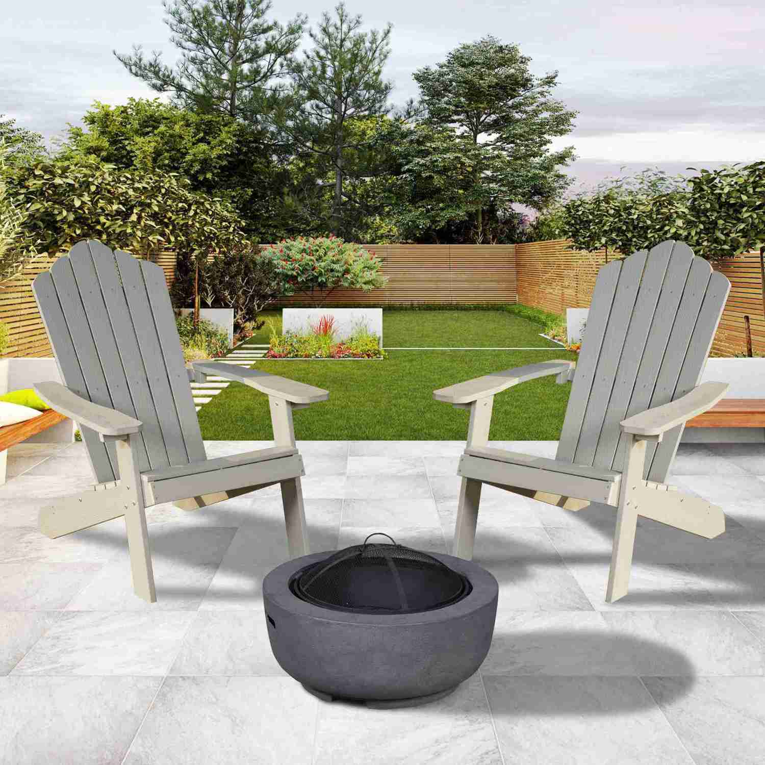 Ovios 3-Piece Outdoor Adirondack Chair Set with Dark Grey Fire Pit