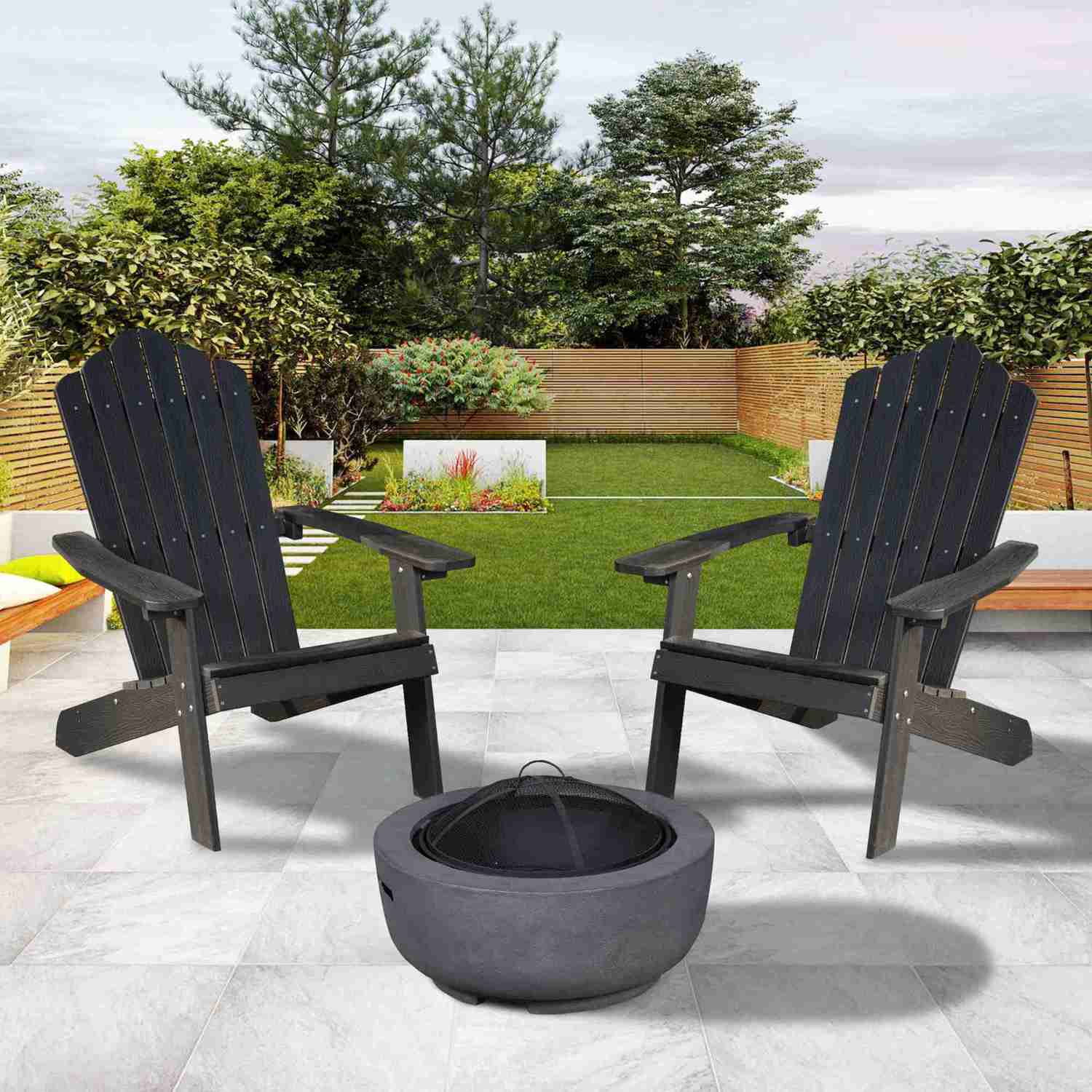 Ovios 3-Piece Outdoor Adirondack Chair Set with Dark Grey Fire Pit