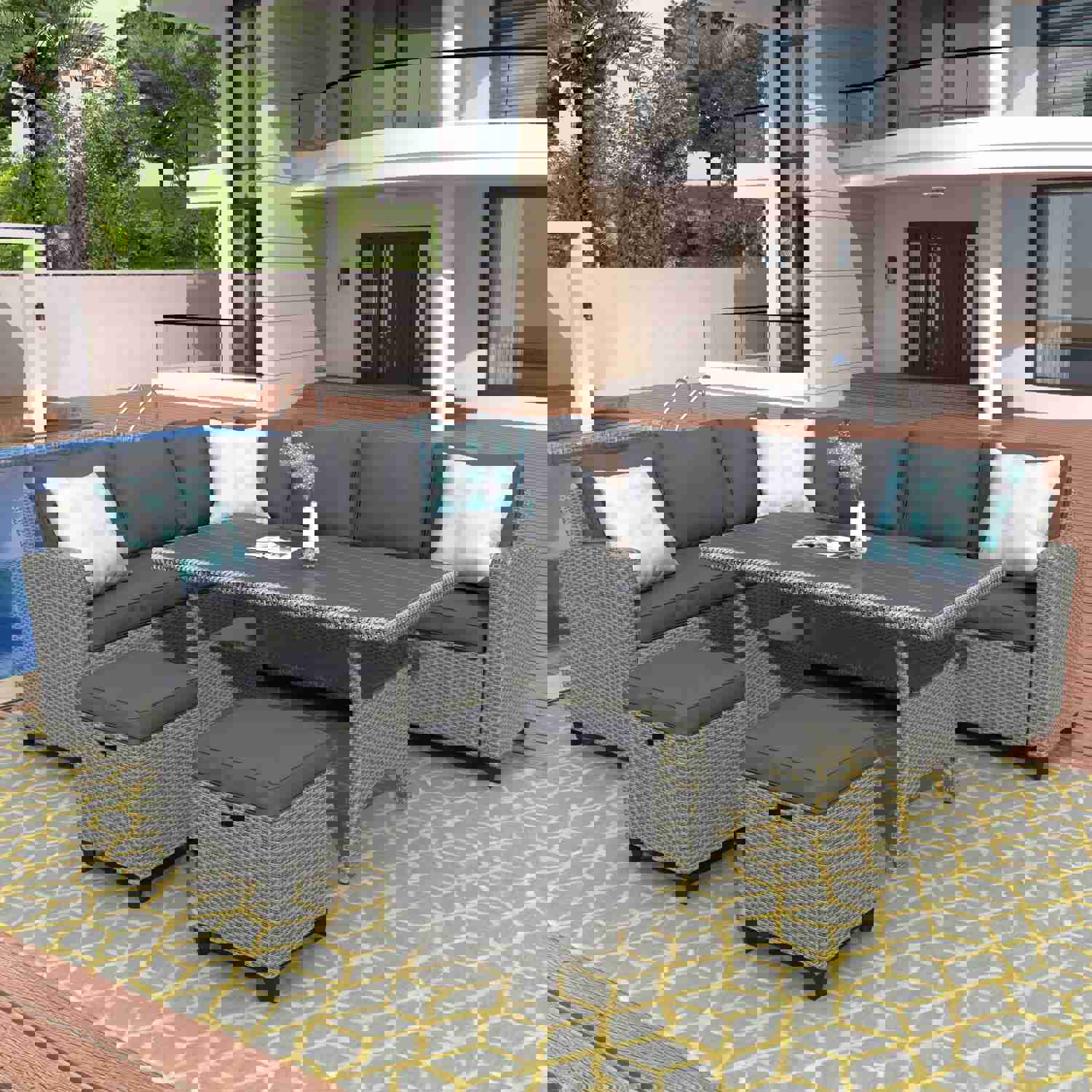 U_STYLE 5-Piece Outdoor Patio Furniture Set with Ottoman and Throw Pillows