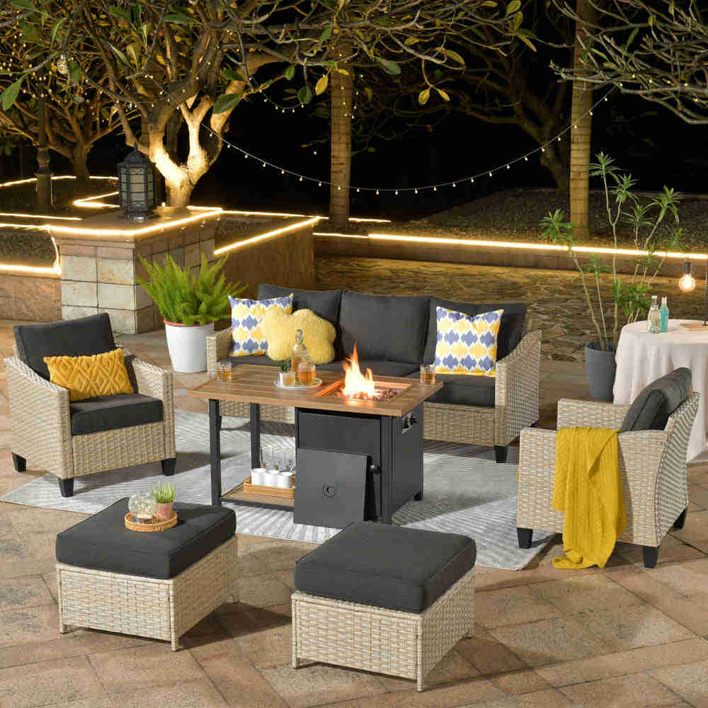 Ovios Athena Series 6-Piece Outdoor Patio Furniture Set with Fire Pit Table