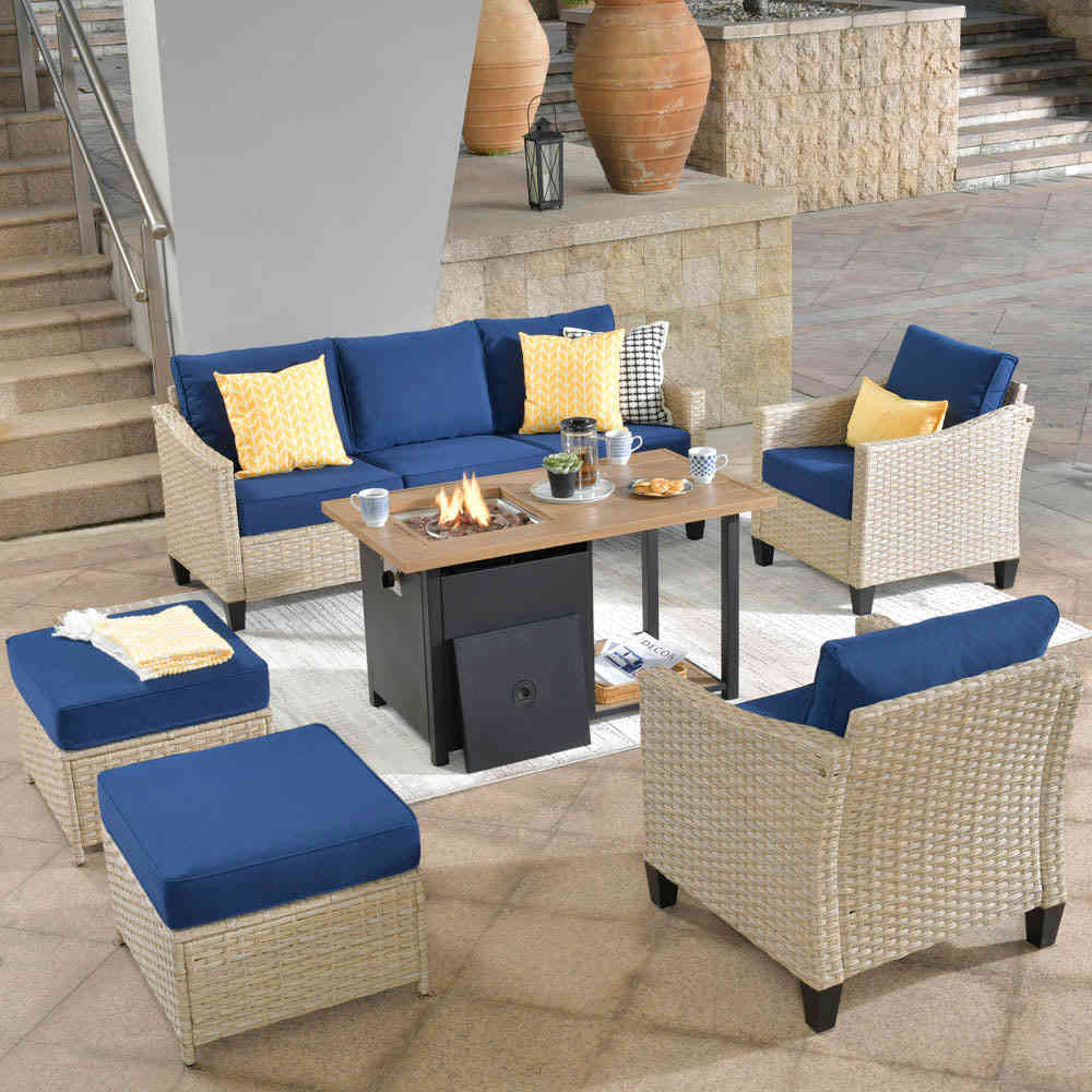Ovios Athena Series 6-Piece Outdoor Patio Furniture Set with Fire Pit Table