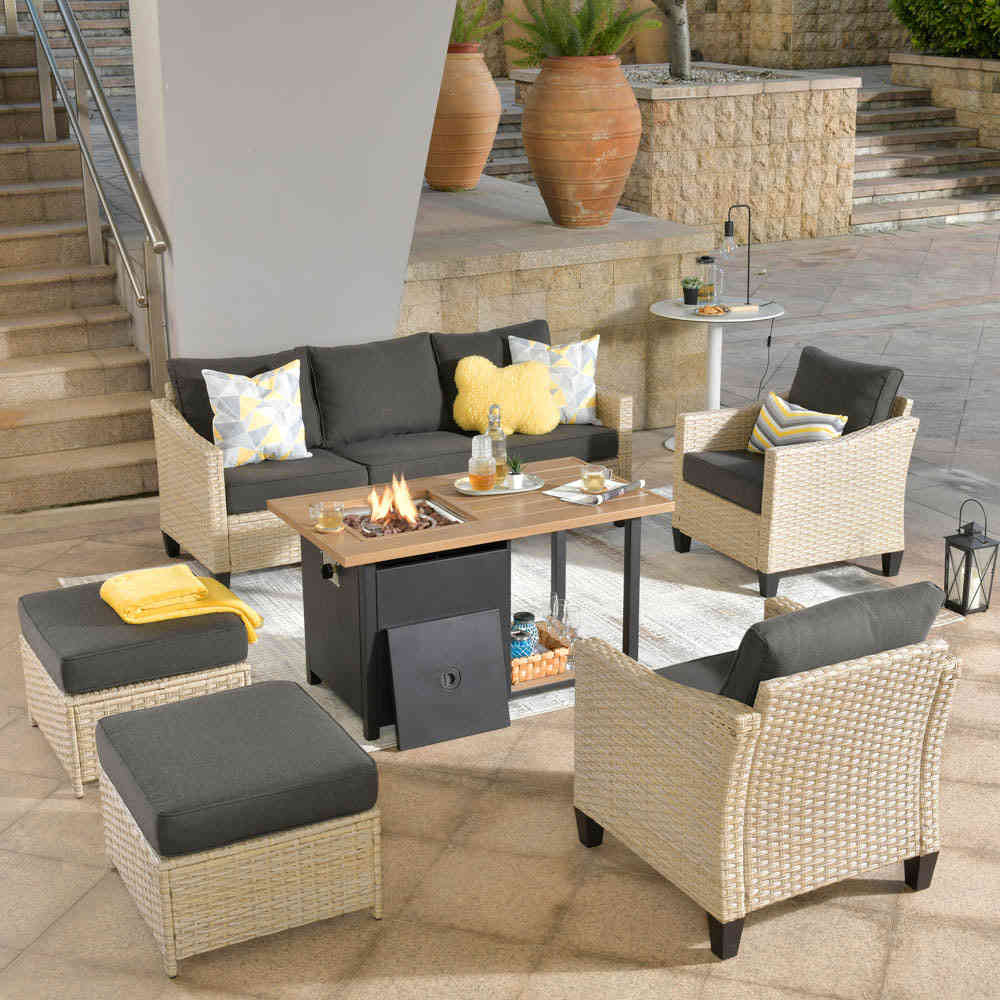 Ovios Athena Series 6-Piece Outdoor Patio Furniture Set with Fire Pit Table