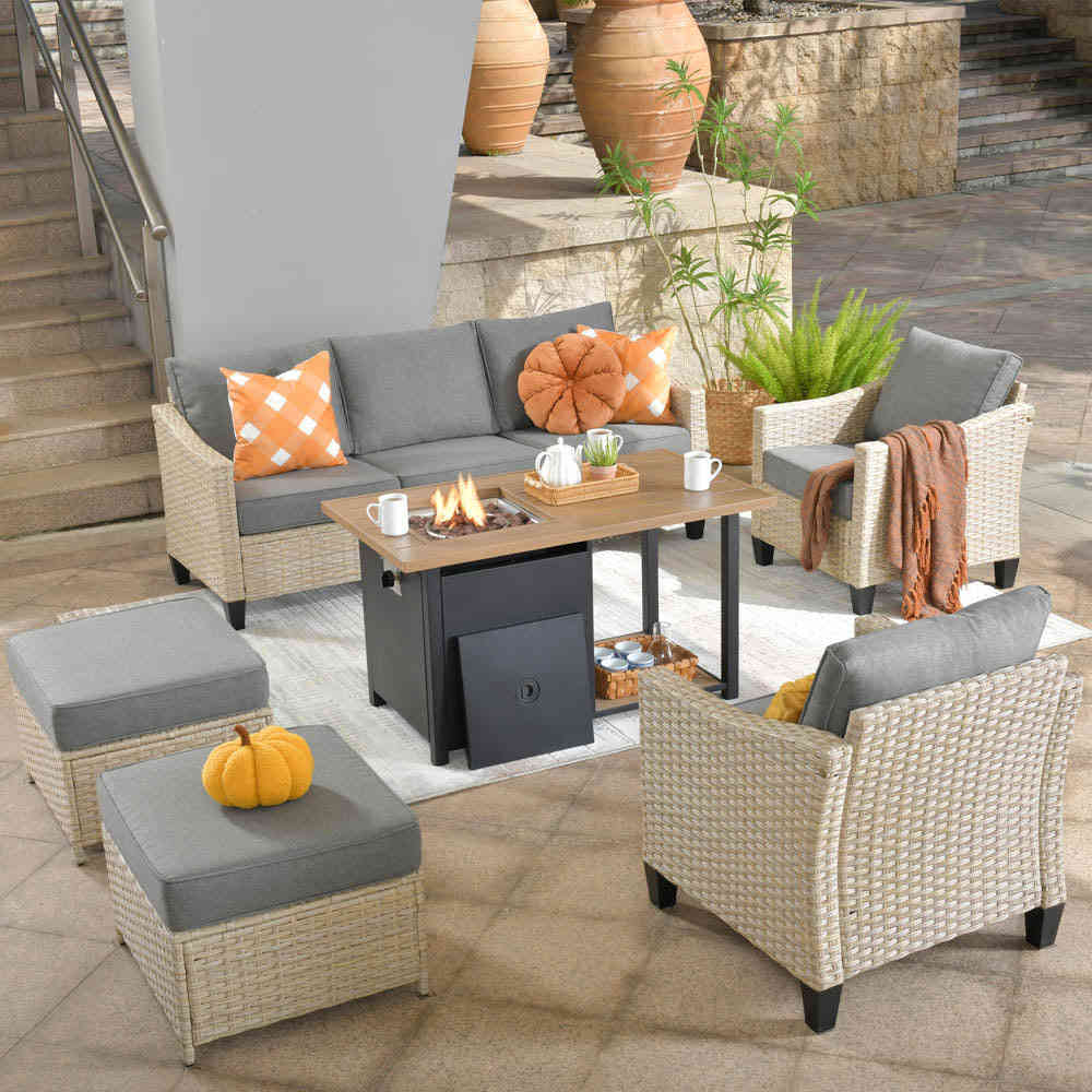 Ovios Athena Series 6-Piece Outdoor Patio Furniture Set with Fire Pit Table