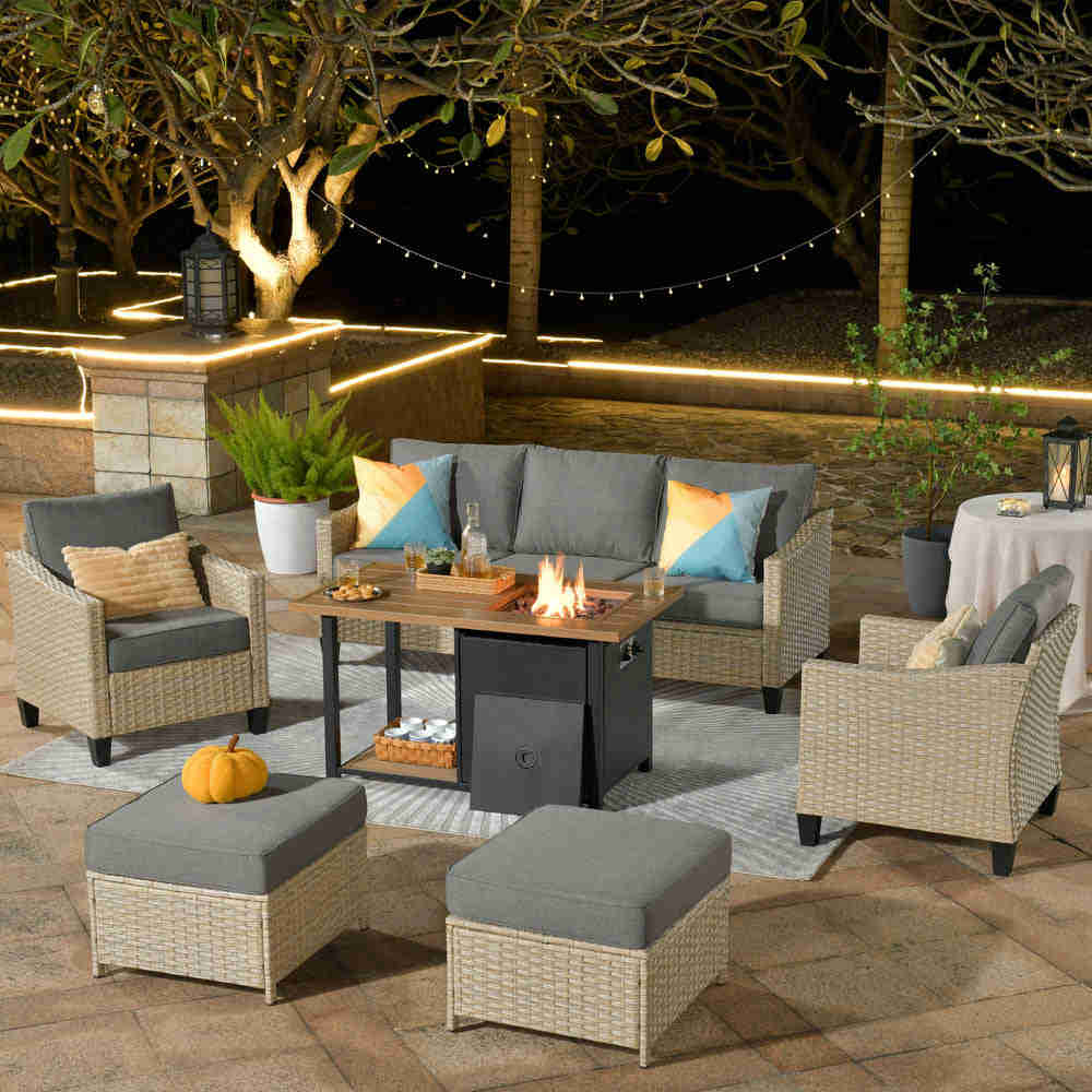 Ovios Athena Series 6-Piece Outdoor Patio Furniture Set with Fire Pit Table