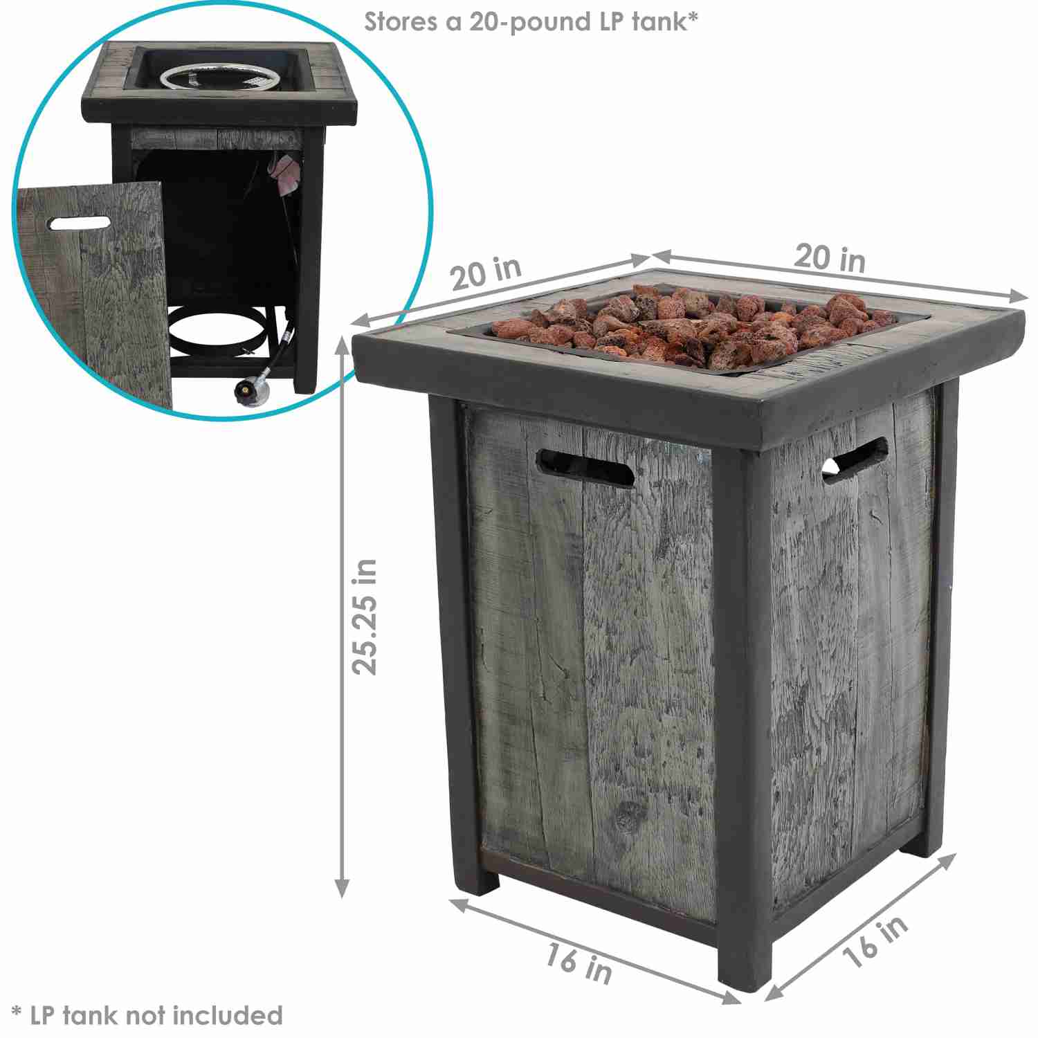 Sunnydaze Square Outdoor Propane Gas Fire Pit Table with Weathered Wood Look, 25 Inches Tall
