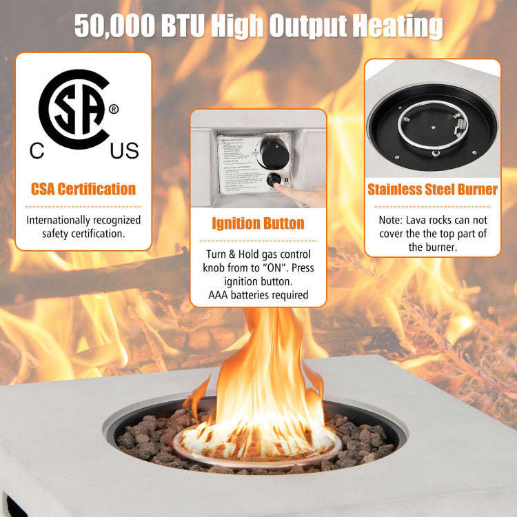 50000 BTU 2-in-1 Square Concrete Propane Gas Fire Pit Table with Stainless Steel Burner