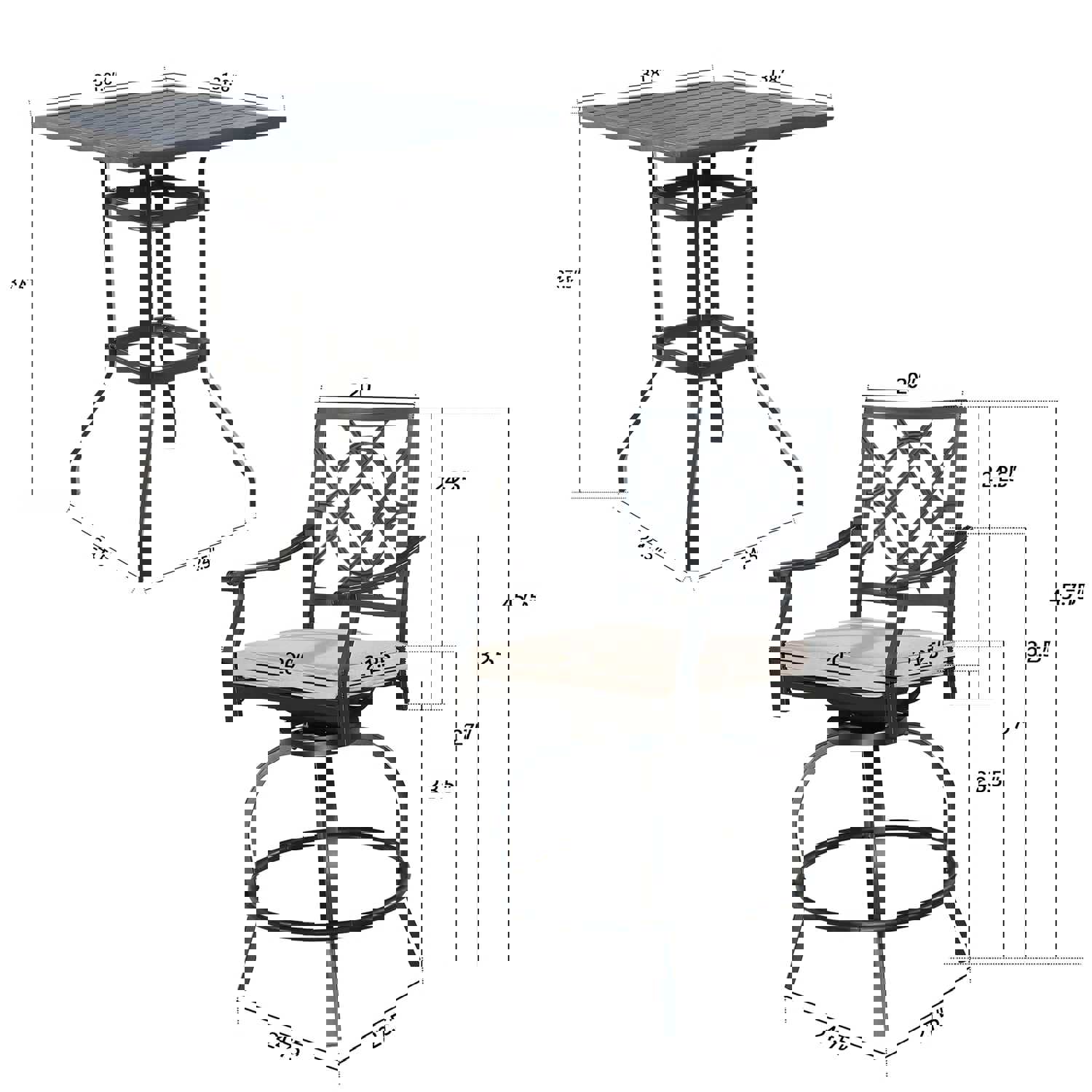 3-Piece Outdoor Patio Bar Set with Square Steel Table and Swivel Bar Stools