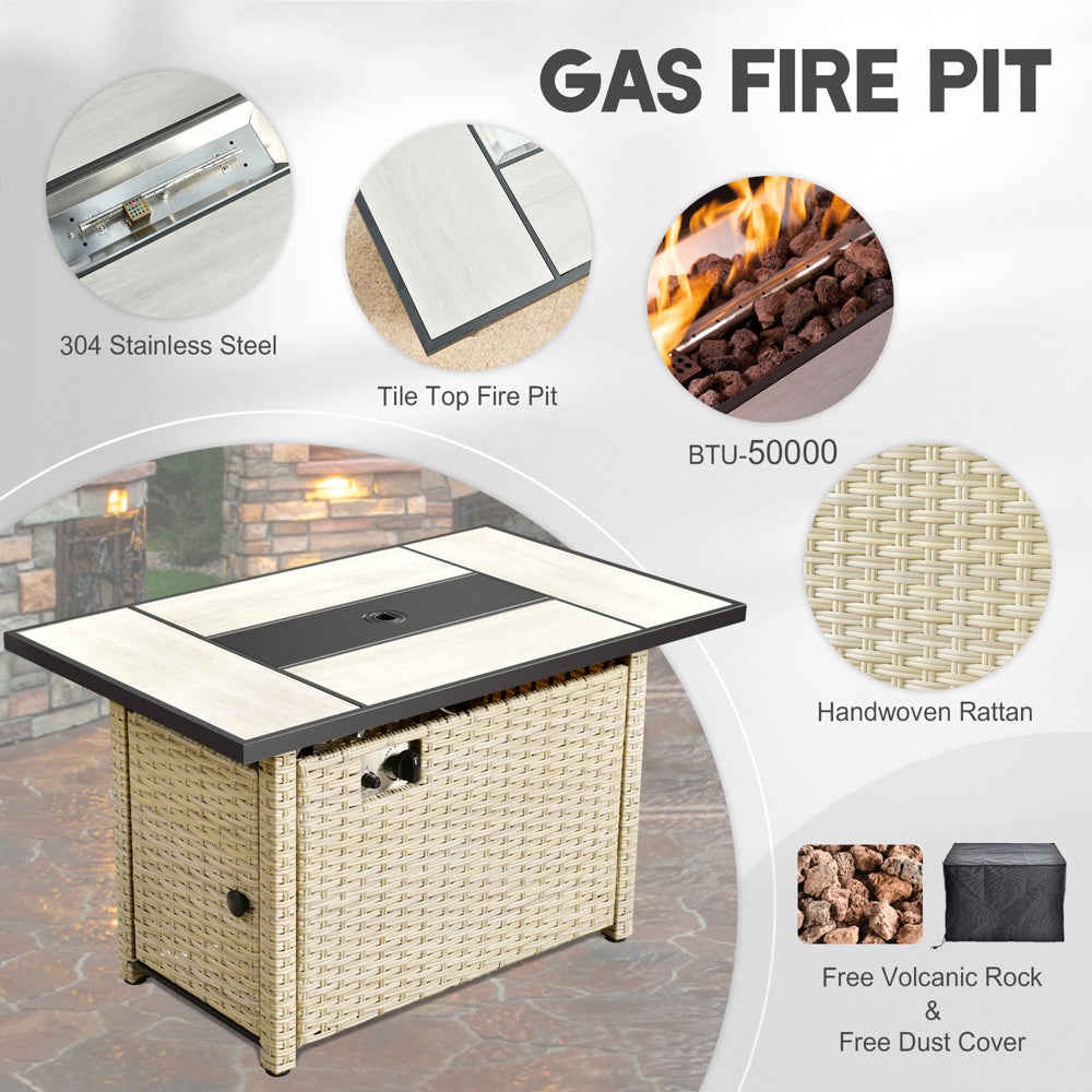 Ovios Athena Series 8-Piece Outdoor Patio Furniture Set with 42" Rectangle Propane Fire Pit Table