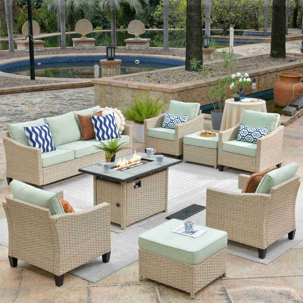 Ovios Athena Series 8-Piece Outdoor Patio Furniture Set with 42" Rectangle Propane Fire Pit Table