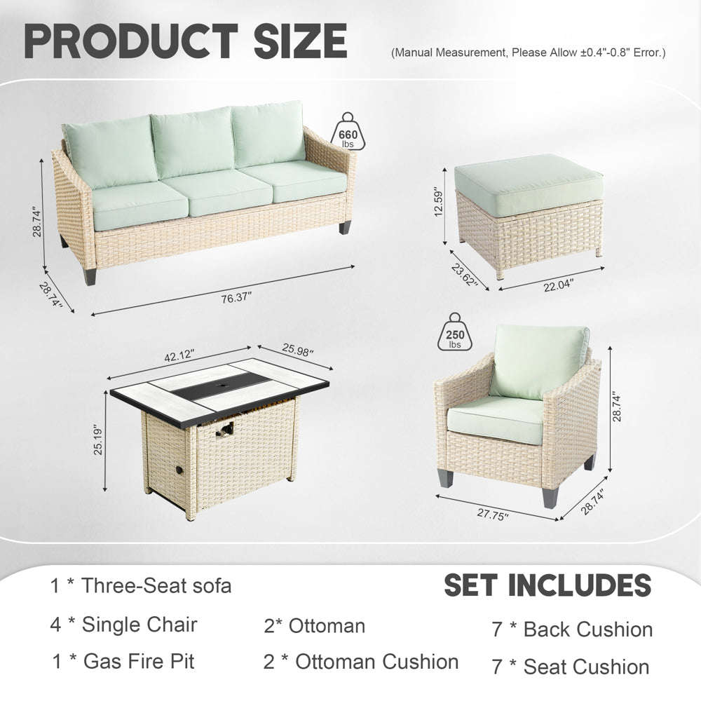 Ovios Athena Series 8-Piece Outdoor Patio Furniture Set with 42" Rectangle Propane Fire Pit Table