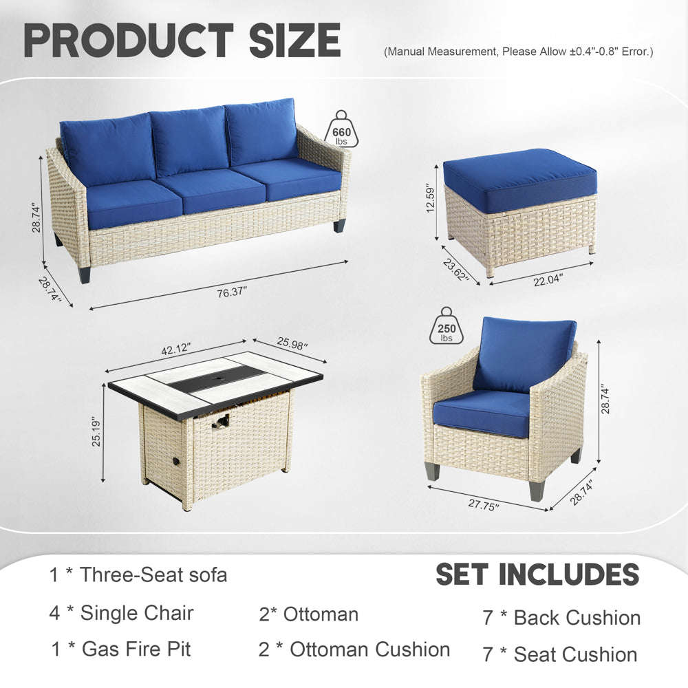 Ovios Athena Series 8-Piece Outdoor Patio Furniture Set with 42" Rectangle Propane Fire Pit Table