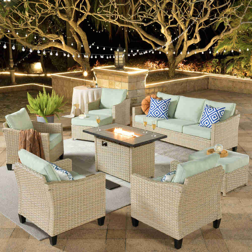 Ovios Athena Series 8-Piece Outdoor Patio Furniture Set with 42" Rectangle Propane Fire Pit Table