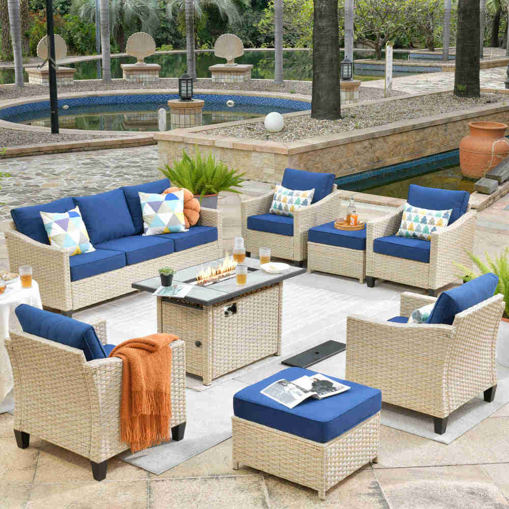Ovios Athena Series 8-Piece Outdoor Patio Furniture Set with 42" Rectangle Propane Fire Pit Table