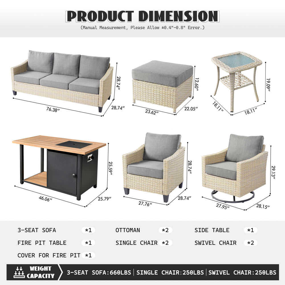 Ovios Athena Series 9-Piece Outdoor Patio Furniture Set with Swivel Chair & Fire Pit Table