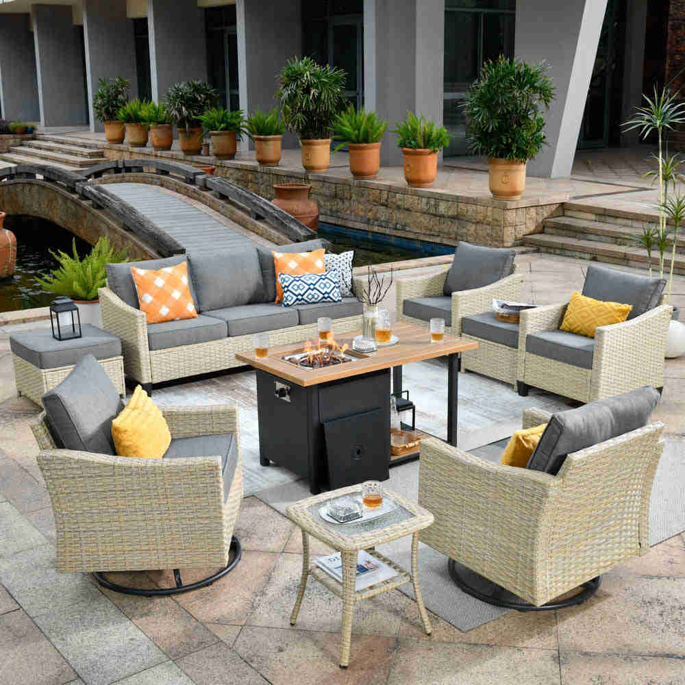 Ovios Athena Series 9-Piece Outdoor Patio Furniture Set with Swivel Chair & Fire Pit Table