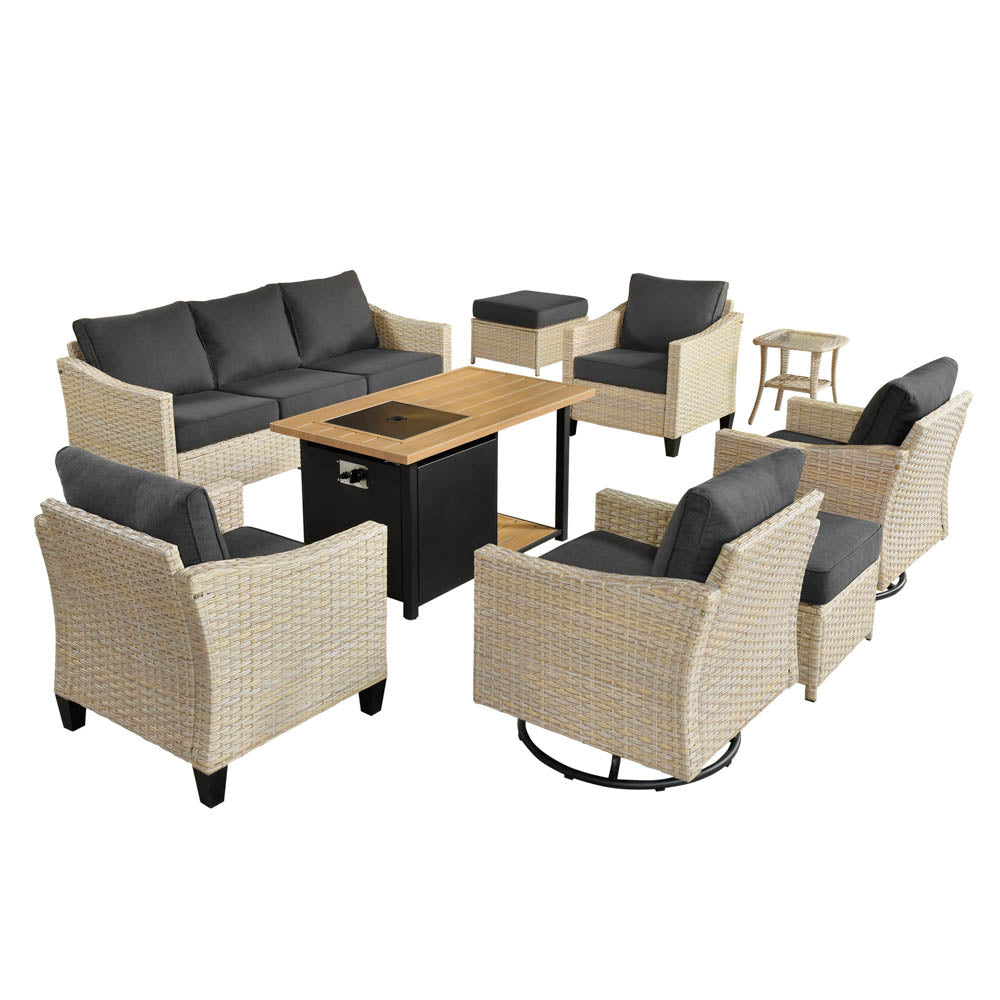 Ovios Athena Series 9-Piece Outdoor Patio Furniture Set with Swivel Chair & Fire Pit Table
