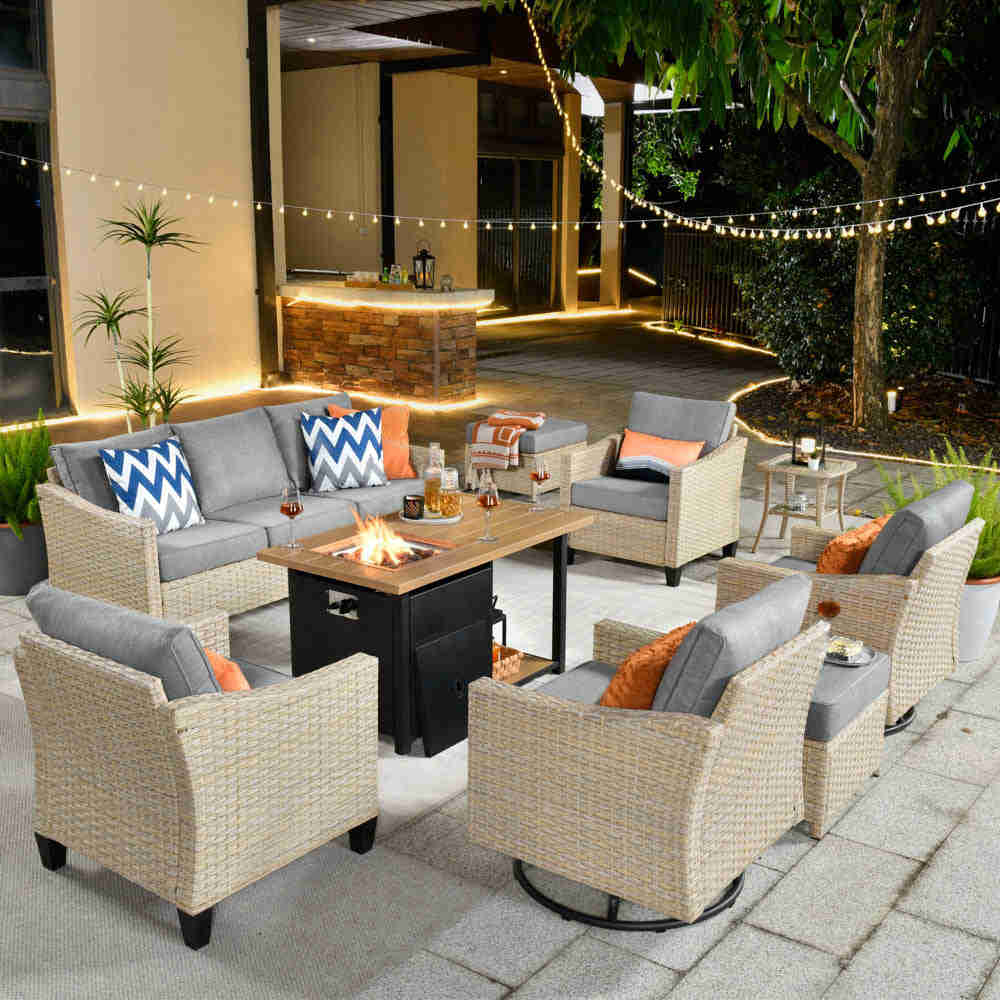 Ovios Athena Series 9-Piece Outdoor Patio Furniture Set with Swivel Chair & Fire Pit Table
