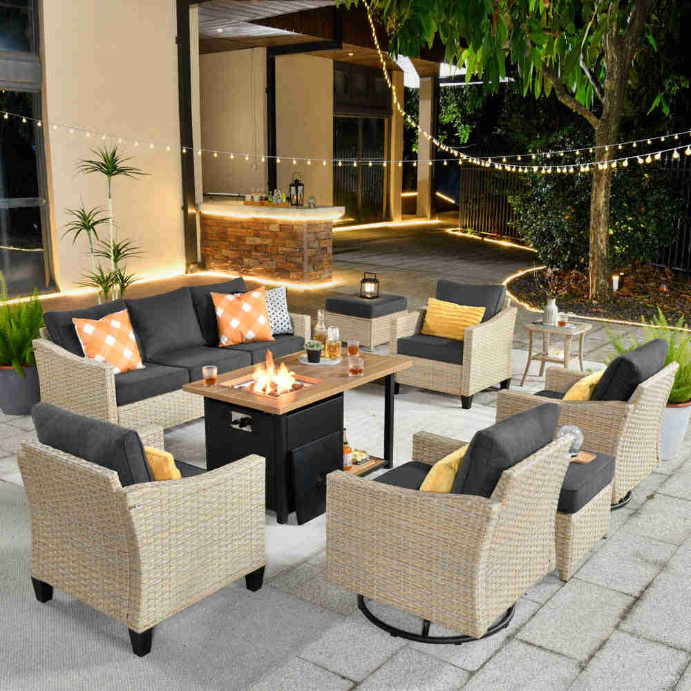 Ovios Athena Series 9-Piece Outdoor Patio Furniture Set with Swivel Chair & Fire Pit Table