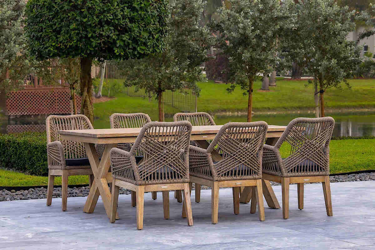 Outsy Santino 7-Piece Outdoor Dining Set - Wood Table with 6 Wood, Aluminum, and Rope Chairs