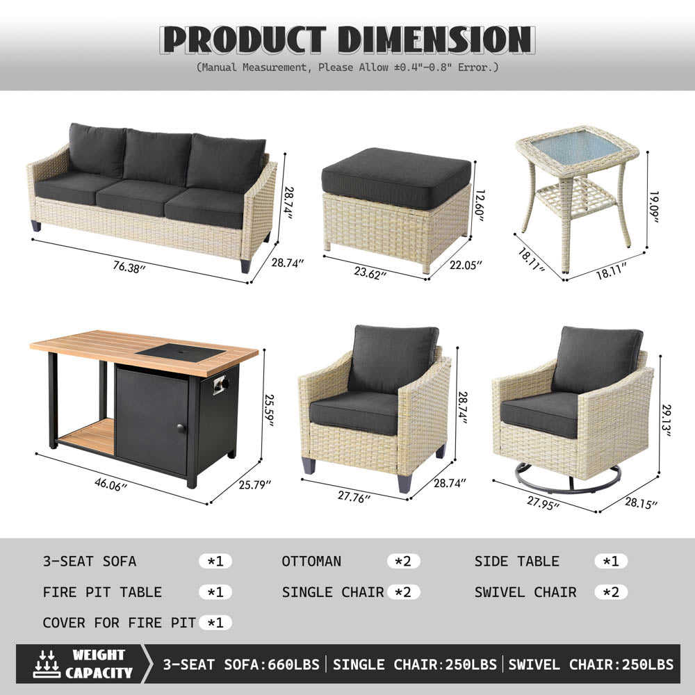 Ovios Athena Series 9-Piece Outdoor Patio Furniture Set with Swivel Chair & Fire Pit Table
