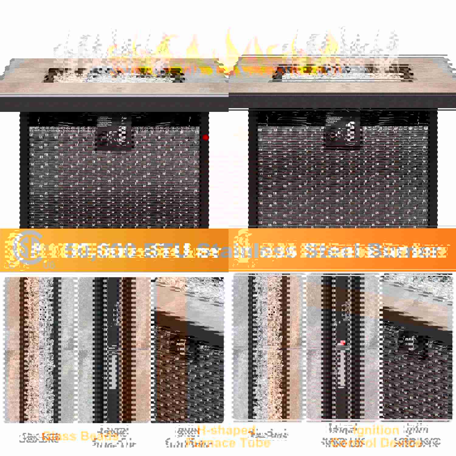 Outdoor 43 Inch 50,000 BTU Propane Gas Rattan Fire Pit Table with Ceramic Tabletop