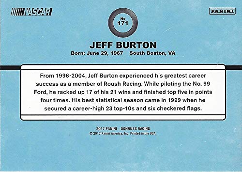 AUTOGRAPHED Jeff Burton 2017 Panini Donruss Racing (#99 Exide Batteries Team) Vintage Signed NASCAR Trading Card with COA #043/199