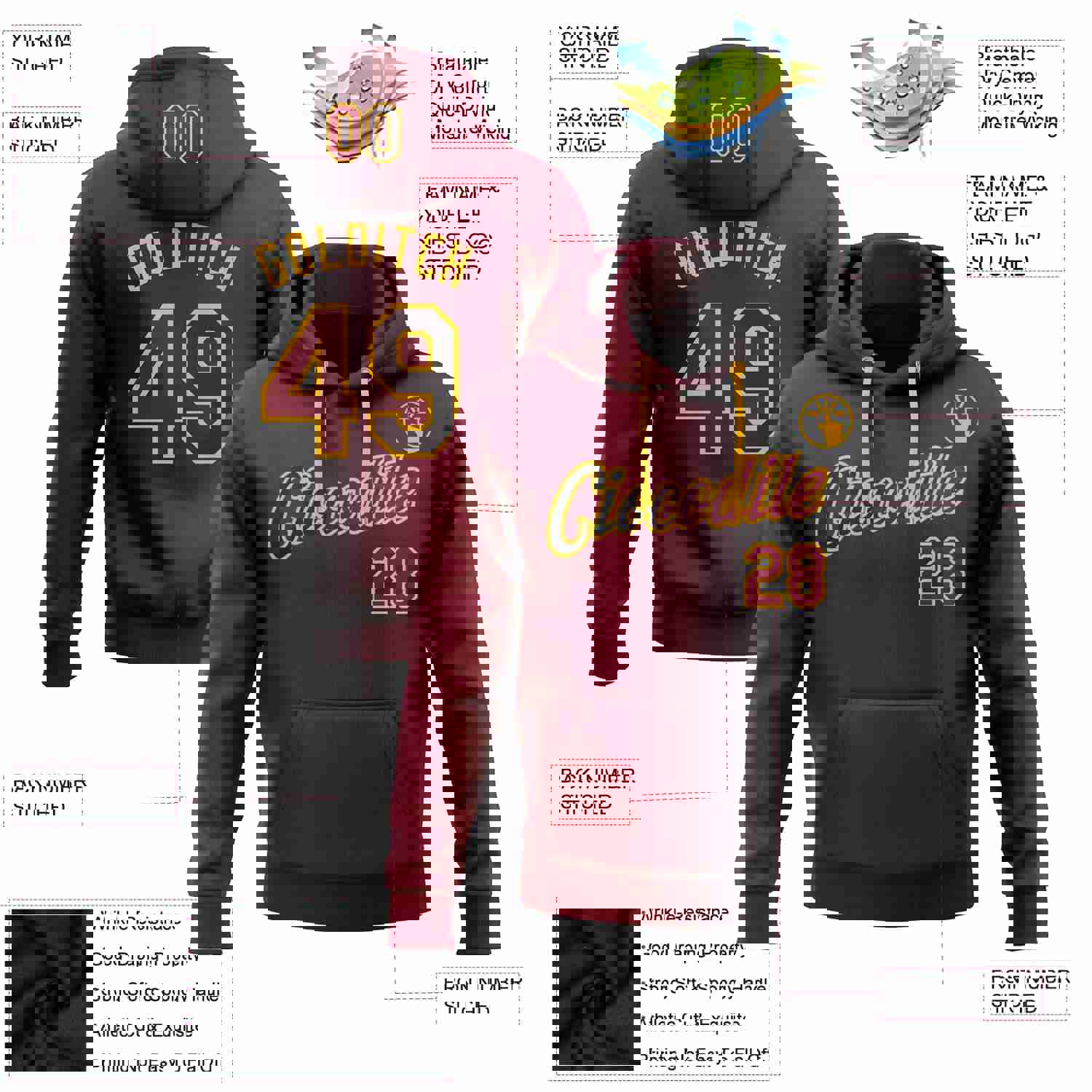Custom Stitched Black Crimson-Gold Gradient Fashion Sports Pullover Sweatshirt Hoodie