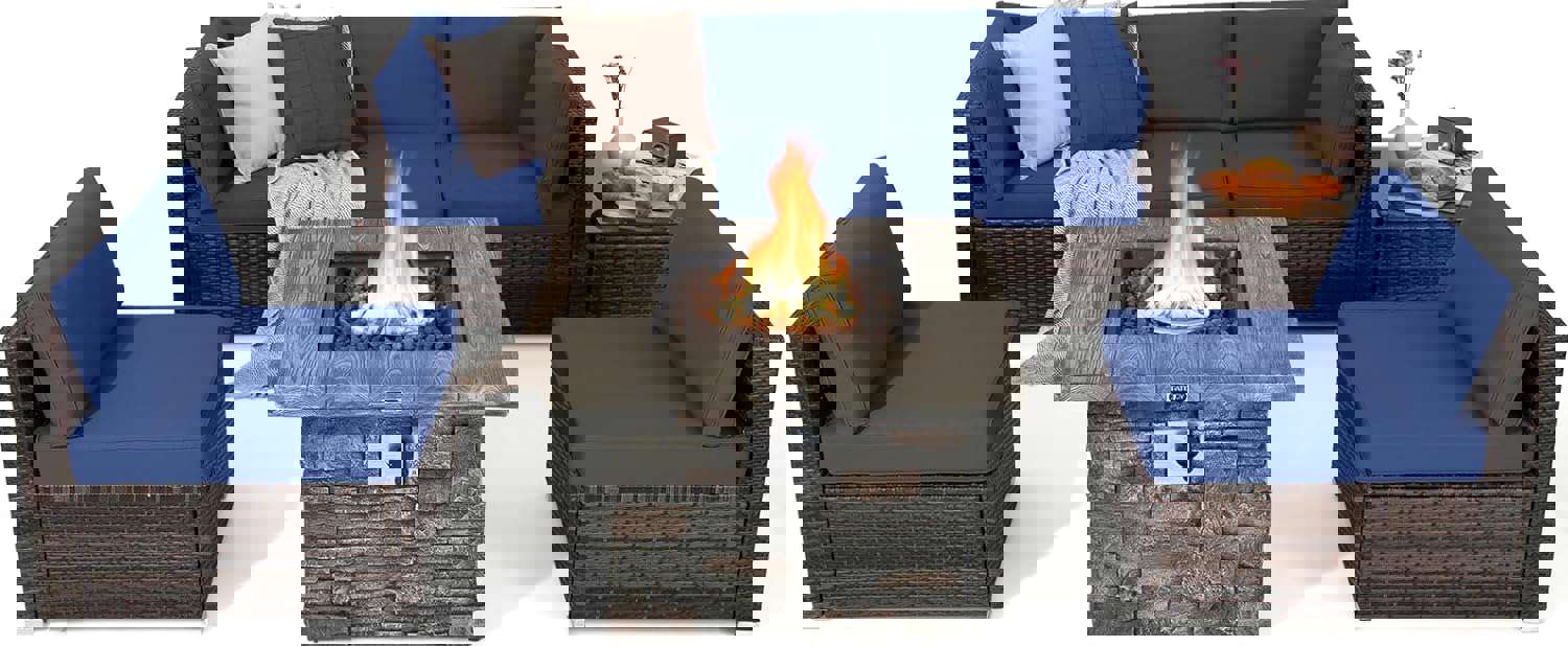 Tangkula 7 Pieces Patio Furniture Set with 50,000 BTU Fire Pit Table, Outdoor PE Wicker Conversation Sofa Set with Cushions