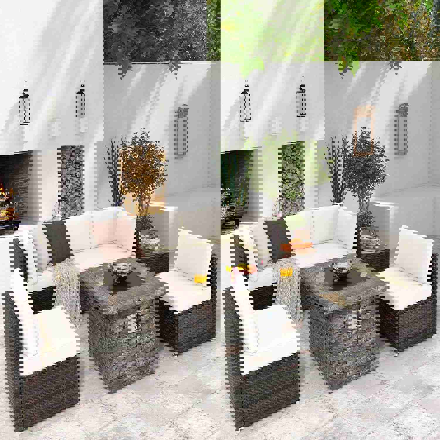 Tangkula 7 Pieces Patio Furniture Set with 50,000 BTU Fire Pit Table, Outdoor PE Wicker Conversation Sofa Set with Cushions