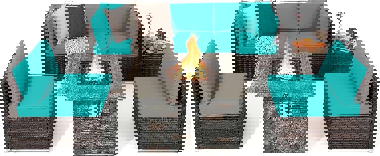 Tangkula 7 Pieces Patio Furniture Set with 50,000 BTU Fire Pit Table, Outdoor PE Wicker Conversation Sofa Set with Cushions