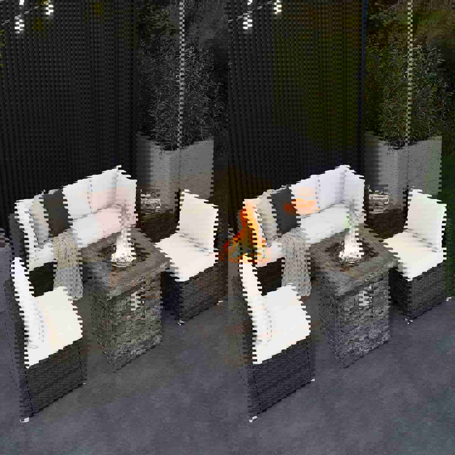 Tangkula 7 Pieces Patio Furniture Set with 50,000 BTU Fire Pit Table, Outdoor PE Wicker Conversation Sofa Set with Cushions