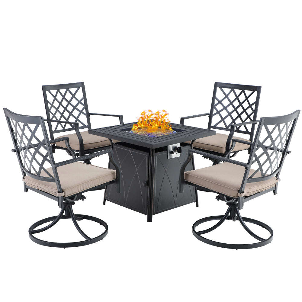 PHI VILLA 5-Piece Black Gas Fire Pit Table Outdoor Patio Dining Set with 4 Swivel Cushioned Chairs
