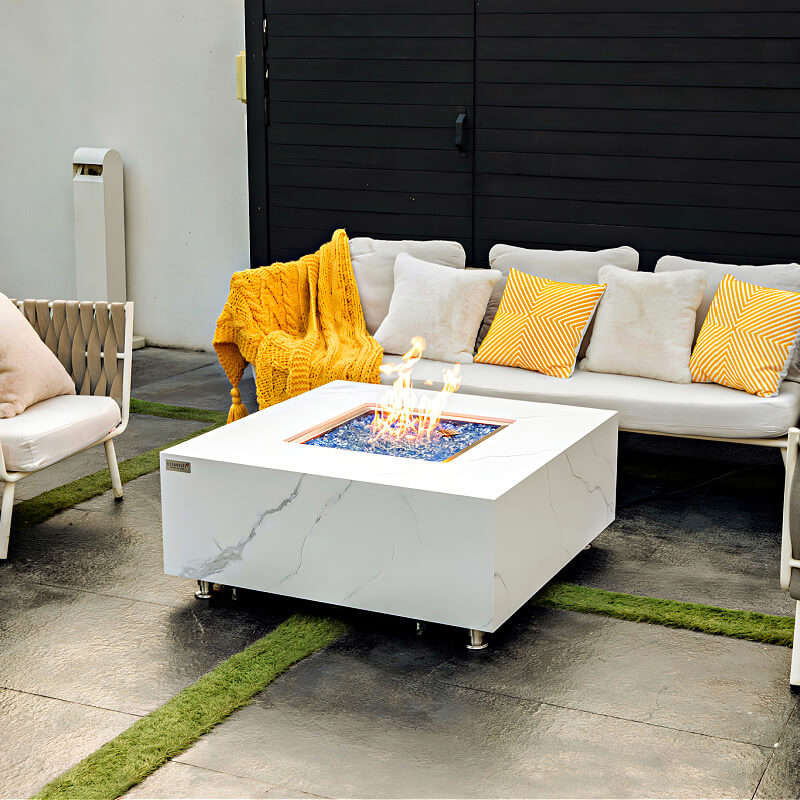 Elementi Bianco White Marble Porcelain Fire Pit Table - OFP103BW