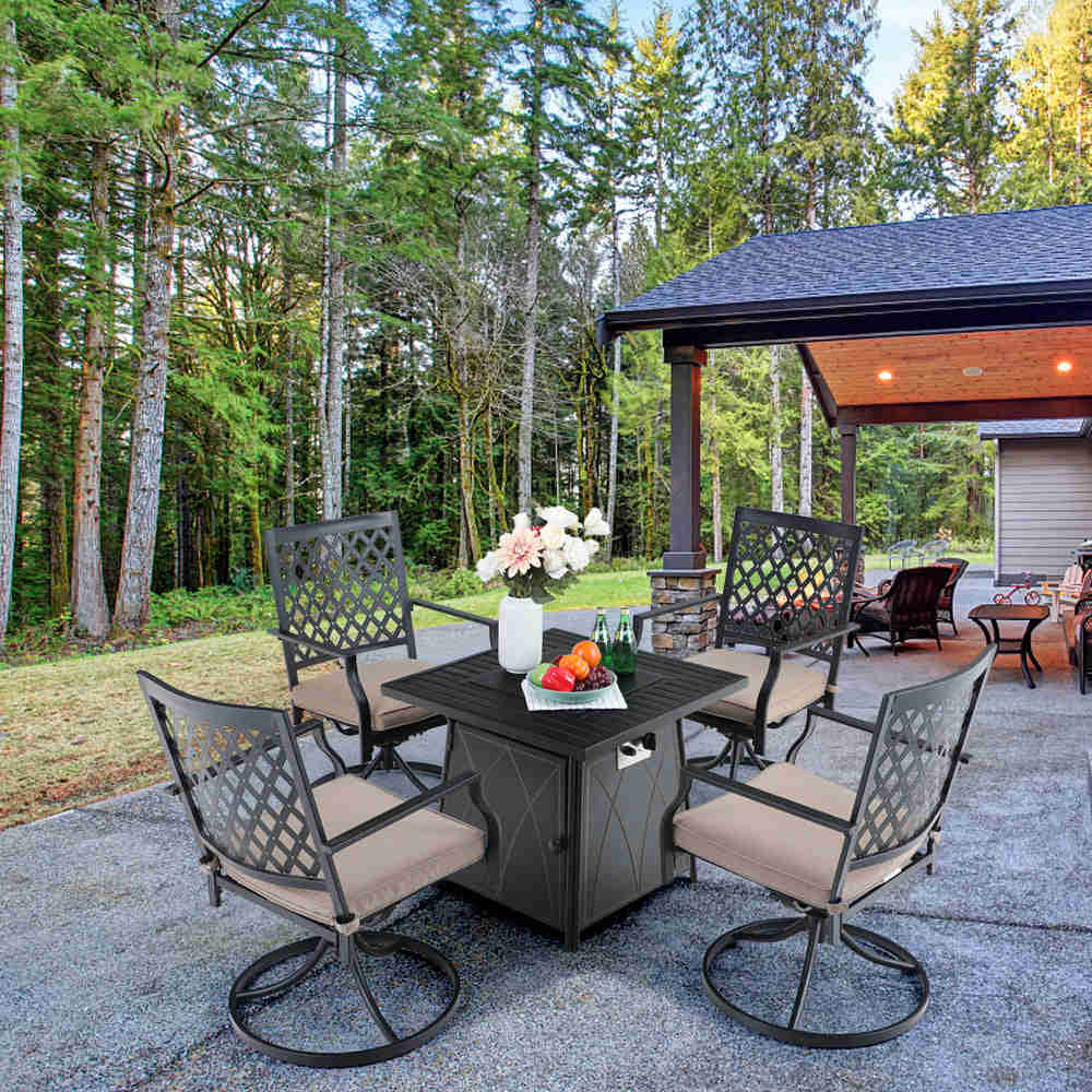 PHI VILLA 5-Piece Black Gas Fire Pit Table Outdoor Patio Dining Set with 4 Swivel Cushioned Chairs