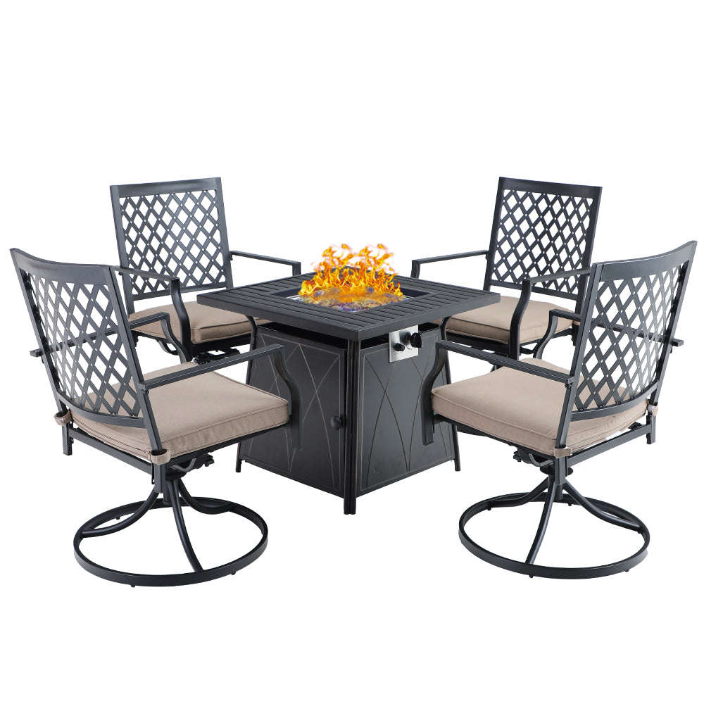 PHI VILLA 5-Piece Black Gas Fire Pit Table Outdoor Patio Dining Set with 4 Swivel Cushioned Chairs